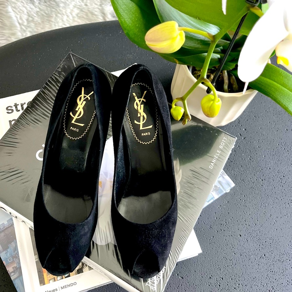 YSL Yves Saint Laurent Black Suede Peep Toe Platform Heels Pumps Size 37.5